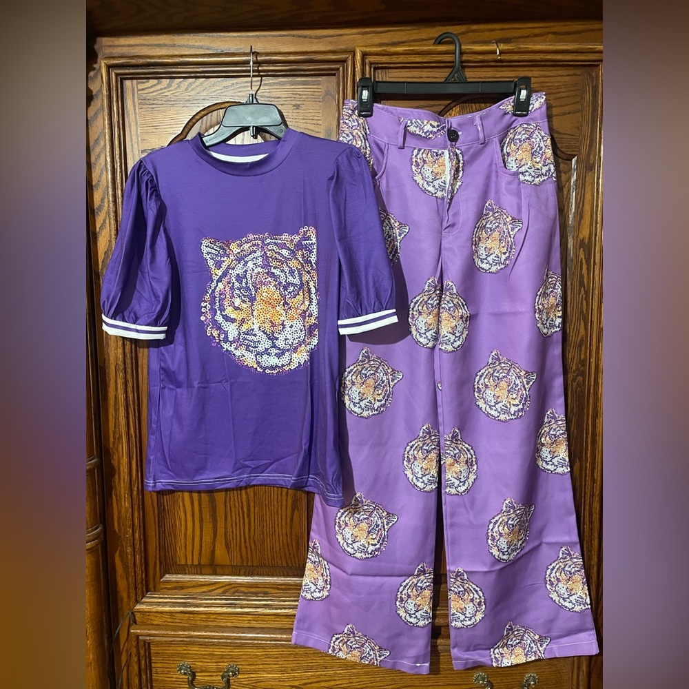 Purple Gold Tiger Print Wide Leg Pants & Top Set LSU Game Day Outfit